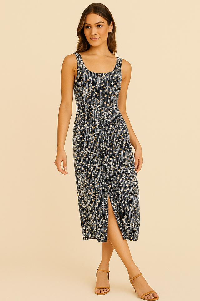 เดรสสายเดี่ยวลายดอกไม้แบบติดกระดุมหน้า (Floral Button-Front Sleeveless Dress)_@SP006