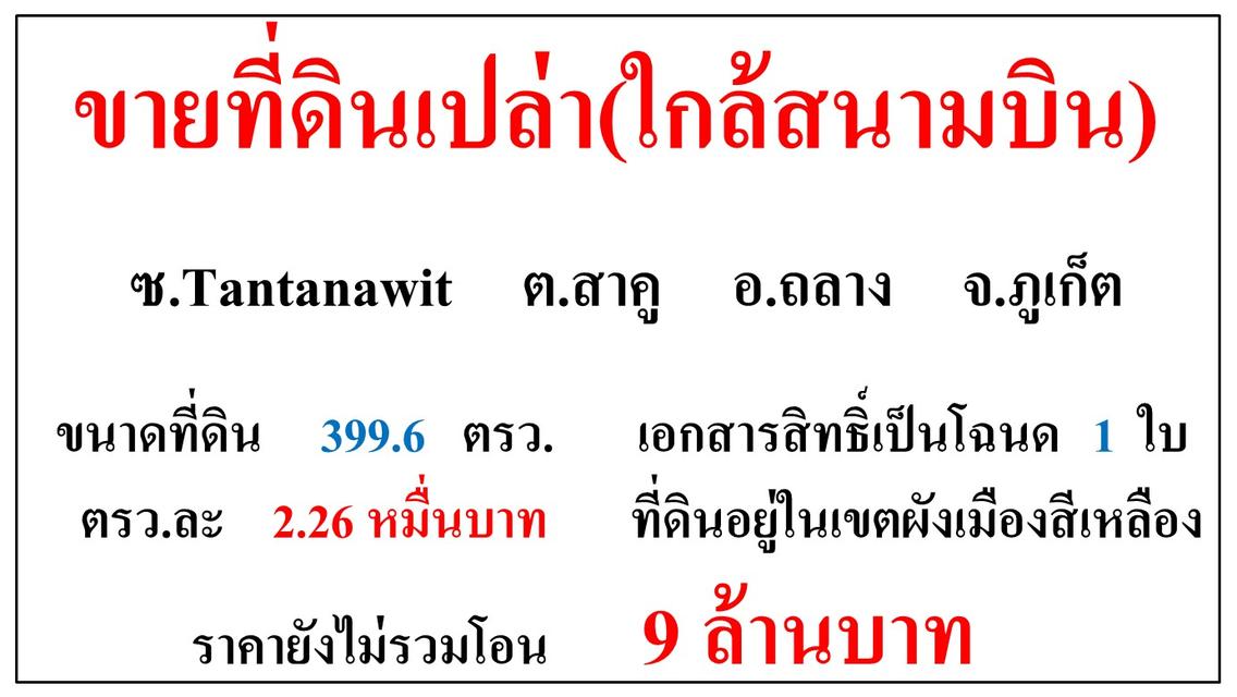 ขายที่ดินเปล่า ขนาด 399.6 ตรว.  ซ.Tantanawit  ต.สาคู  อ.ถลาง  ภูเก็ต 1