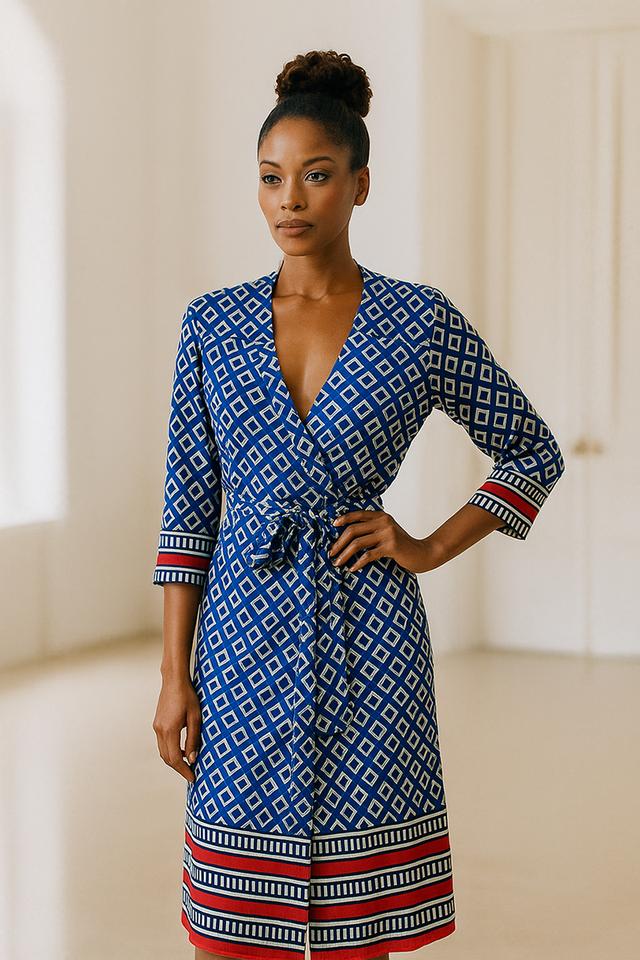 เดรสพันหน้าพิมพ์ลายกราฟิกสีนํ้าเงิน (Blue Geometric Print Wrap Dress)@SP031