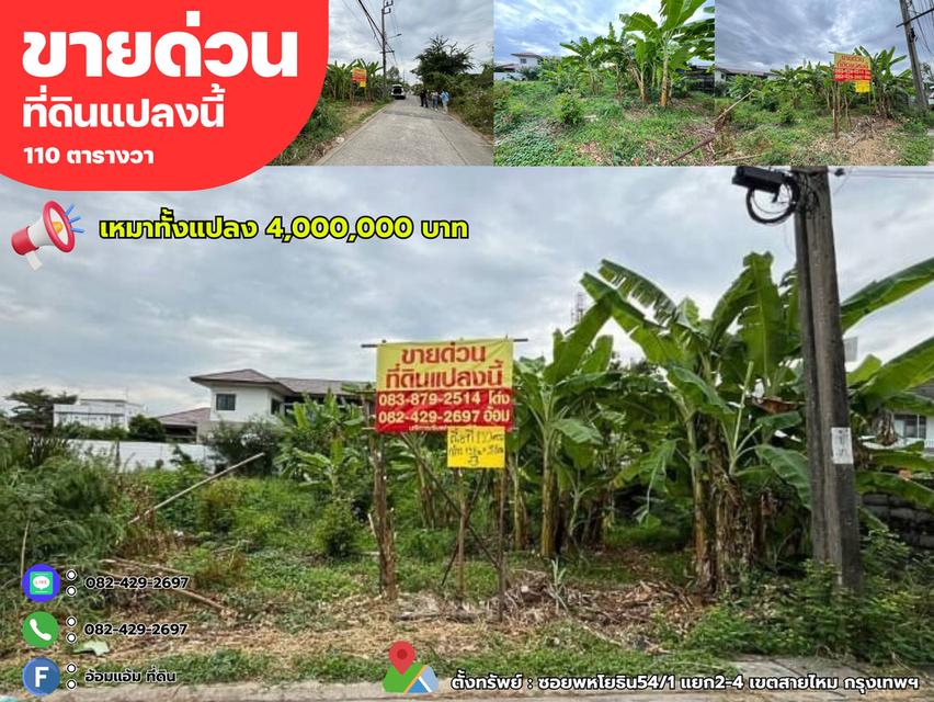 ขายด่วนที่ดิน 110 ตรว.ถมแล้วทั้งแปลง ซอยพหโยธิน54/1 แยก2-4 เขตสายไหม กรุงเทพฯ 1