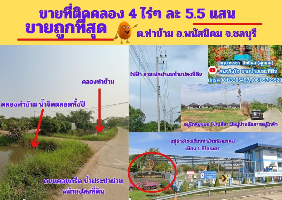 ขายถูกที่สุด ที่ดิน 4 ไร่ๆละ 5.5 แสน  ต.ท่าข้าม อ.พนัสนิคม จ.ชลบุรี 1