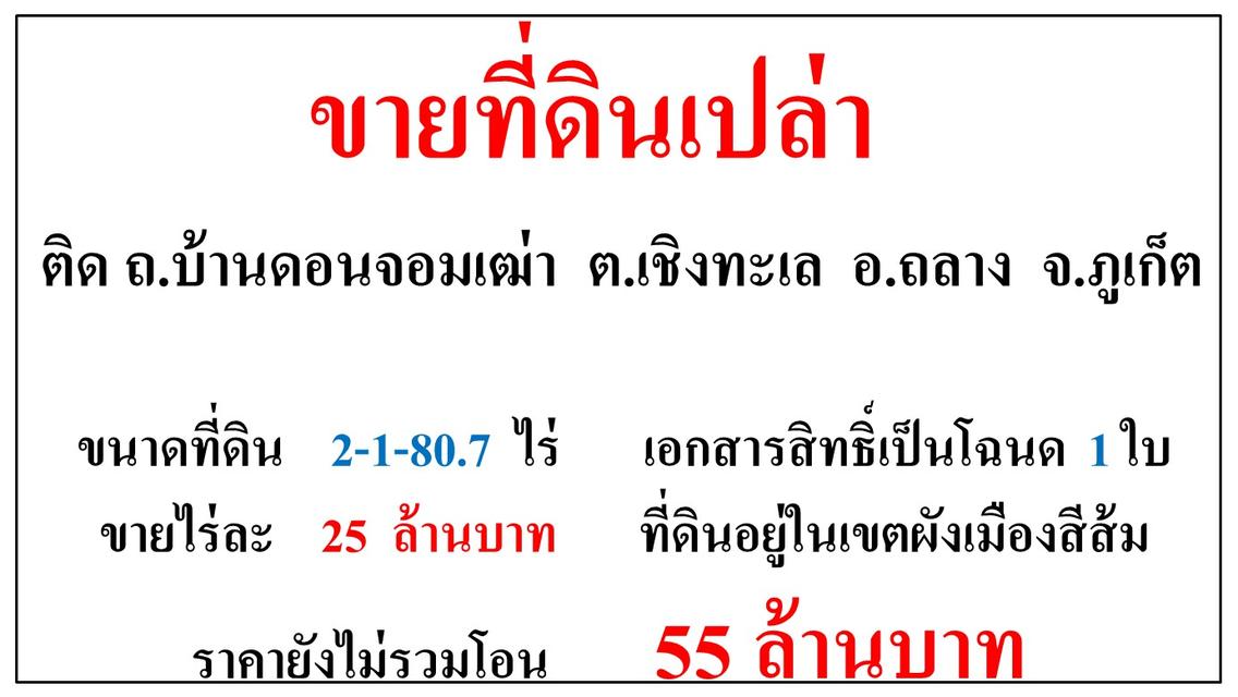 ขายที่ดินเปล่า ขนาด 2-1-80.7 ไร่  ติด ถ.บ้านดอนจอมเฒ่า  ต.เชิงทะเล  อ.ถลาง  ภูเก็ต 1