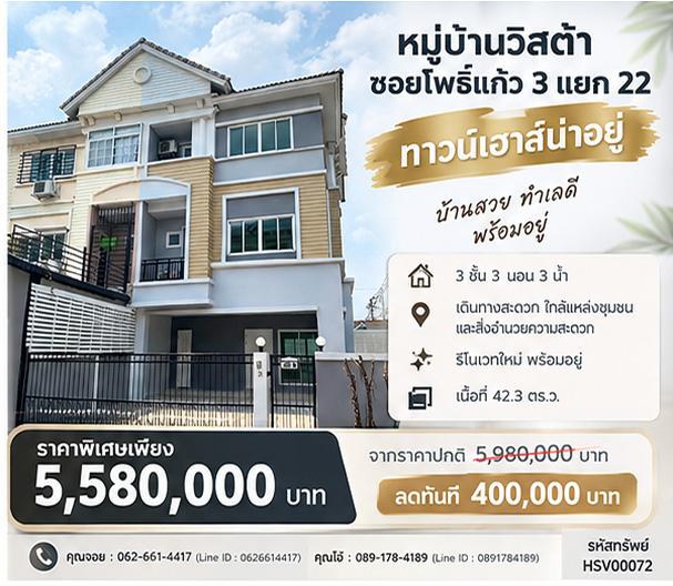 🔥💰 โคตรคุ้ม! ขายทาวน์โฮม 3 ชั้น หลังมุม (ถนนเมน) 42.2 ตร.ว. ปรับปรุงใหม่ทั้งหลัง ลดแรง 400,000 บาท! 💸ถนนโพธิ์แก้ว 3 แยก 22 1