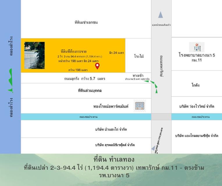ึขายที่ดิน 2-3-94.4 ไร่ (1,194.4 ตร.ว) ถนนเทพารักษ์ กม.11 สมุทรปราการ ใกล้ รพ. บางนา 5 ด้านหลังติดคลองสำโรง ตารางวาละ 60,000 บาท 5