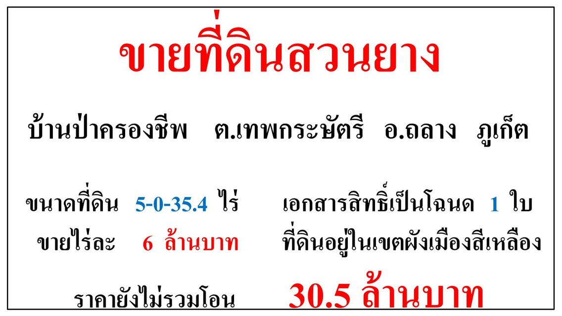 ขายที่ดินสวนยาง ขนาด 5-0-35.4 ไร่  บ้านป่าครองชีพ  ต.เทพกระษัตรี  อ.ถลาง  ภูเก็ต 1