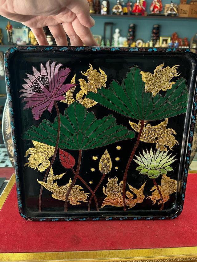 ถามไม้ถมทอง ถาดไม้เก่าสลักลายทมทองคำ 4