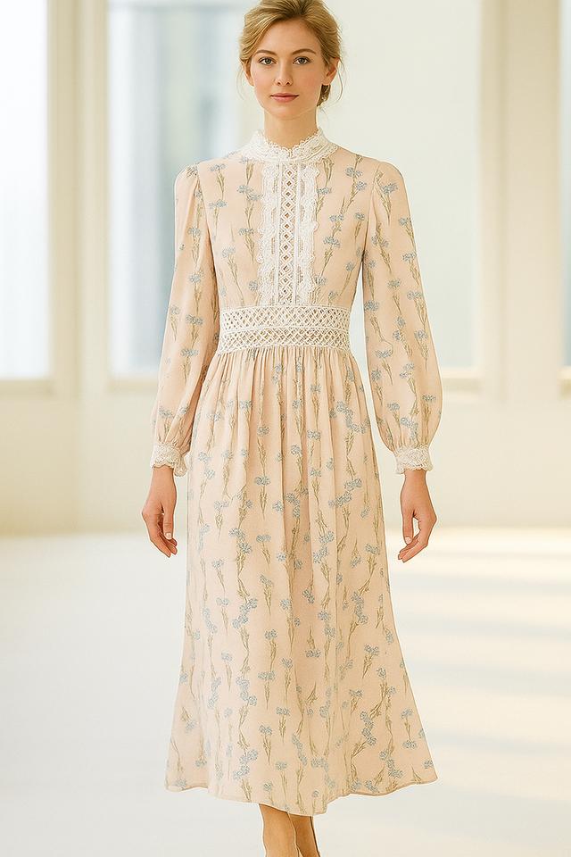 เดรสลูกไม้คอตั้งแขนยาวลายดอกไม้ หรือ Lace Yoke Floral Midi Dress with Long Sleeves @SP044 3