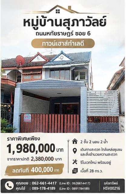💬 ทาวน์เฮ้าส์หลังมุม รีโนเวทใหม่ ใกล้รถไฟฟ้าสายสีชมพู ราคาไม่ถึง 2 ล้าน... ห้ามพลาด! ทาวน์เฮ้าส์ 2 ชั้น หมู่บ้านสุภาวัลย์ ถนนหทัยราษฎร์ ซอย 6 1