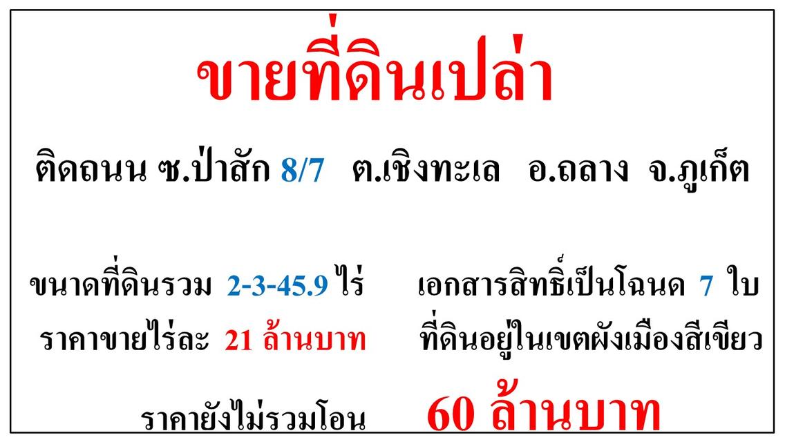 ขายที่ดินเปล่า ขนาด 2-3-45.9 ไร่  ติดถนน ซ.ป่าสัก 8/7  ต.เชิงทะเล  อ.ถลาง  ภูเก็ต