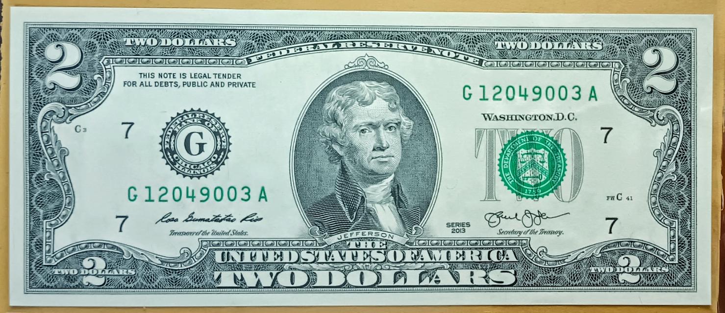 ธนบัตร​ 2 ดอลลาร์​ สหรัฐ​อเมริกา USA, 2 Dollars, ไม่ผ่านใช้สวยมาก