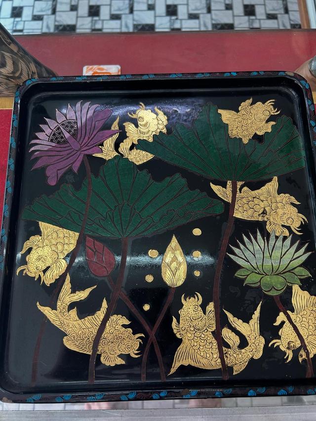 ถามไม้ถมทอง ถาดไม้เก่าสลักลายทมทองคำ 7