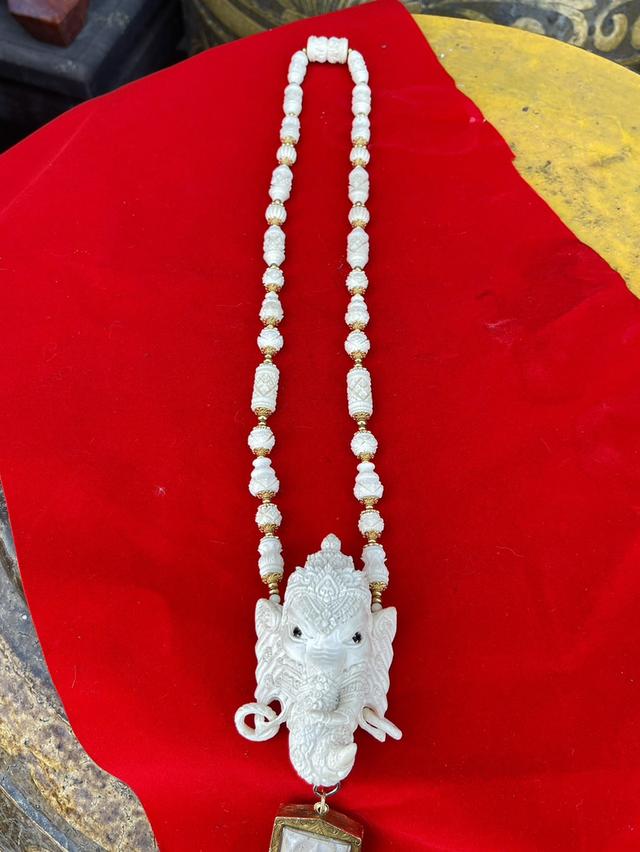 สร้อยงาช้างแกะสลัก สร้อยงาช้างแท้ทั้งเส้น ขนาดยาง14นิ้ว สร้อยคองาช้าง ปลายงาแกะสลัก