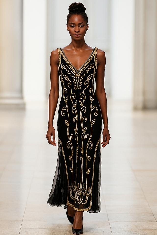 เดรสแม็กซี่ผ้าโปร่งปักลาย สไตล์แกสบี้ เดรส Gatsby Tulle Maxi Embroidered @SP049