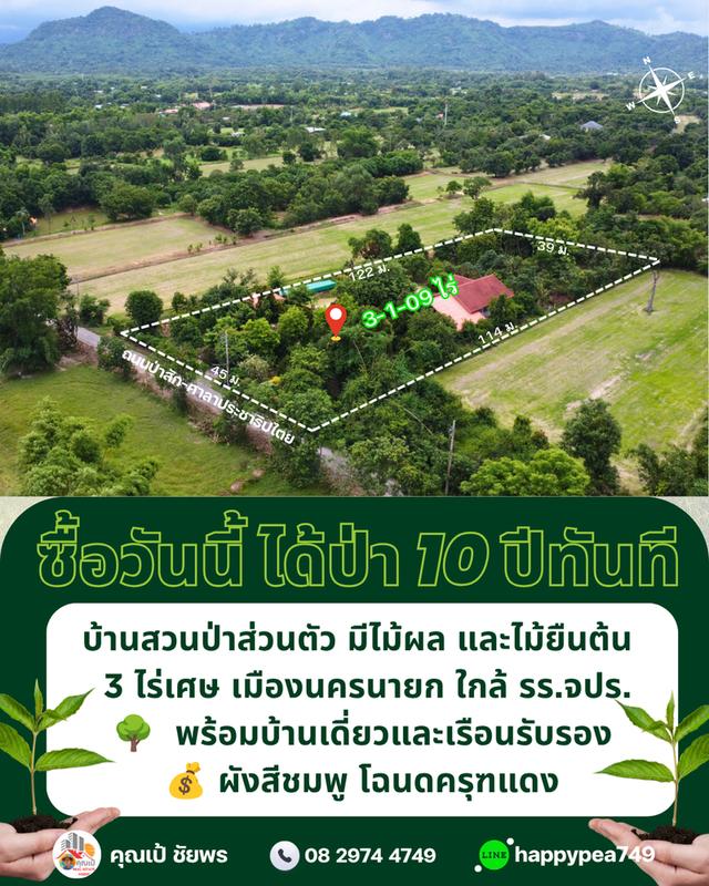 🌳 ที่ดินเมืองนครนายก พรหมณี 3 ไร่เศษ พร้อมบ้านสวนป่าส่วนตัวผังสีชมพู ใกล้ รร.จปร. 2