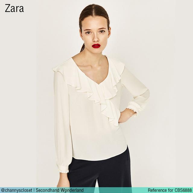 USED Zara - Sheer Cream Ruffle Top | เสื้อแขนยาวสีครีม เสื้อซีทรู คอวี ระบาย ทรงใหญ่ ทำงาน สีพื้น สายฝอ แท้ มือสอง