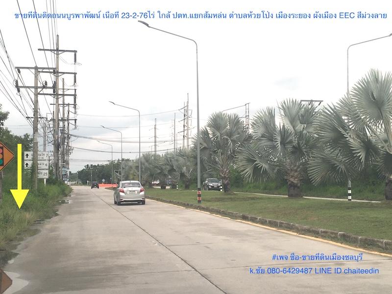 ขายที่ดินติดถนนบายพาส(ถ.บูรพาพัฒน์)เนื้อที่ 23.5ไร่ หน้ากว้าง 300เมตร ใกล้ปั้ม ปตท.แยกส้มหล่น ผังเมือง EEC สีม่วงลาย ต.ห้วยโป่ง อ.เมืองระยอง 1