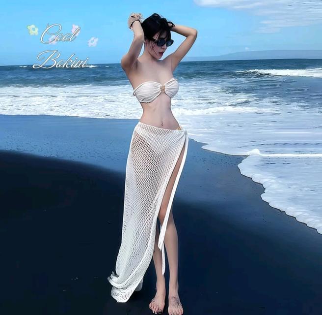 ชุดเซ็ทบิกินี 3 ชิ้น บรา กางเกงใน ผ้ามักเอว สีขาว