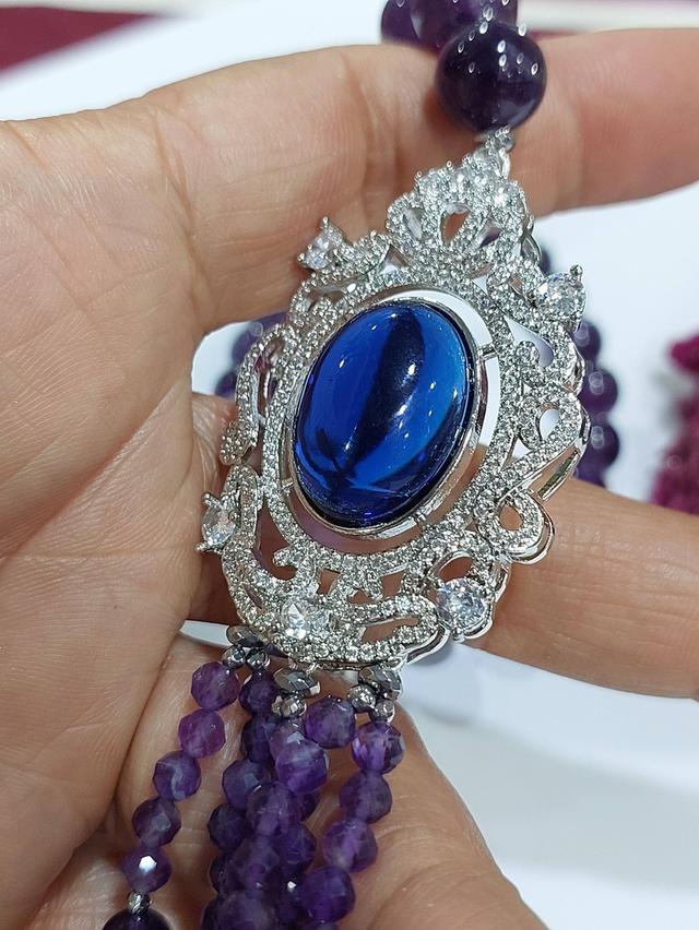 สร้อยคอ Amethysts stone 4,6,12 มิล จี้ตัวเรือนพลอยCZ sterling silver925 ยาว 30 นิ้ว รูปที่ 6