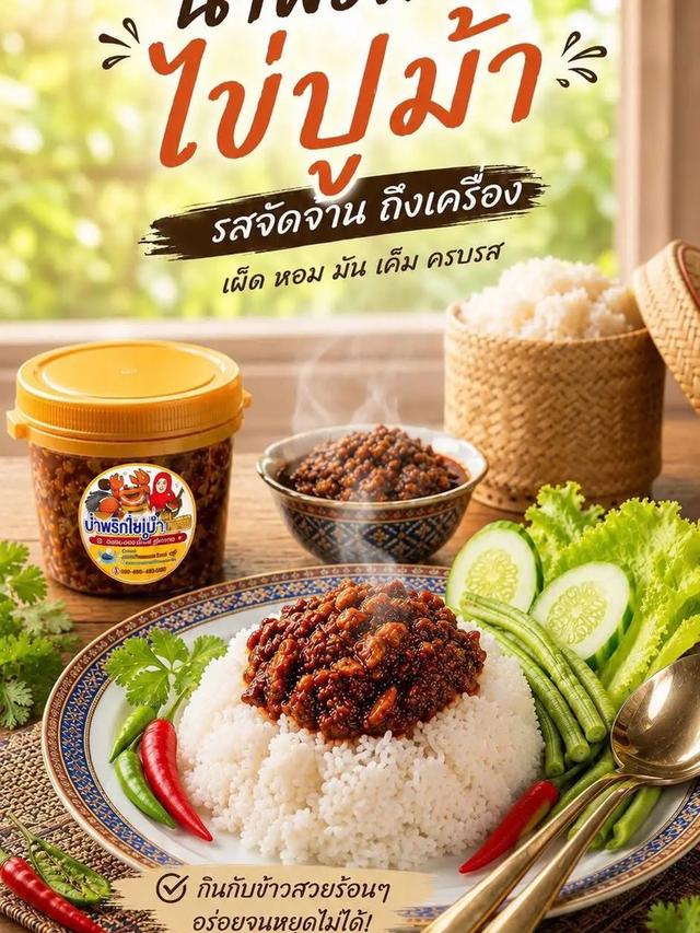 น้ำพริกไข่ปูม้ารสชาติเผ็ดกลมกล่อม อร่อย 1 ขุด มี 4 กระปุก ผลิตโดยชาวประมงเรือเล็ก ธนาคารปูม้า