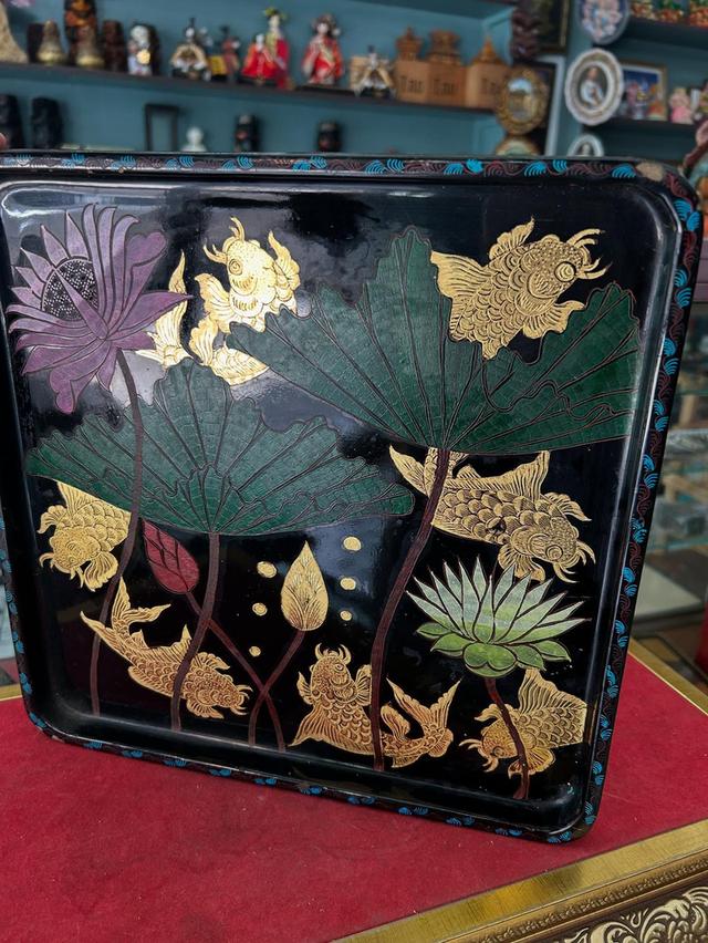 ถามไม้ถมทอง ถาดไม้เก่าสลักลายทมทองคำ 6