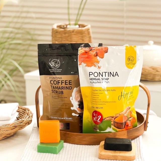 ￼สบู่สมุนไพรพรทิน่า 2 สี + สครับกาแฟ สบู่พรทิน่า PONTINA 5/6 ก้อน ต่อถุง 2