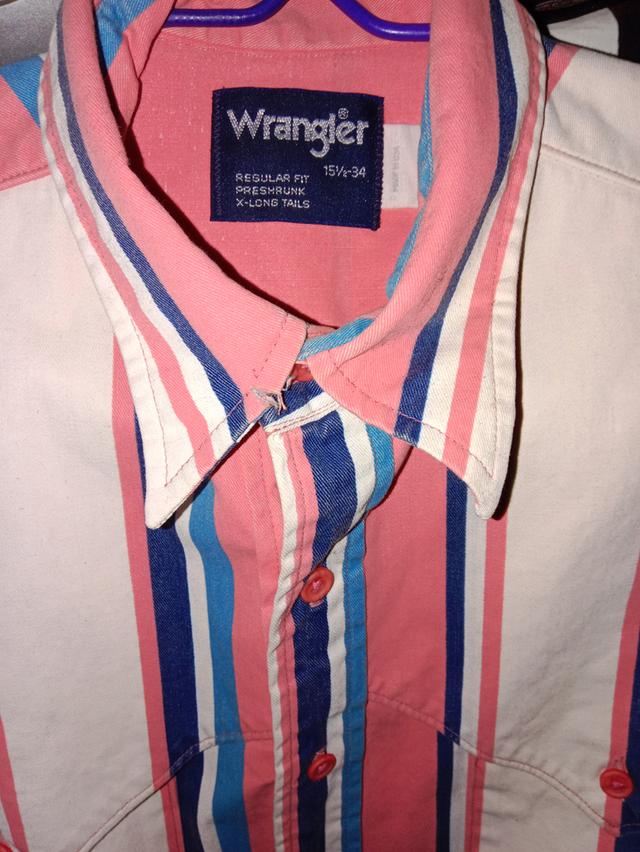 เสื้อเชิ้ตแขนยาวVINTAGE Wrangler Brushpopper Western Shirt X-Long Tail Stripe size XL 23/30 3