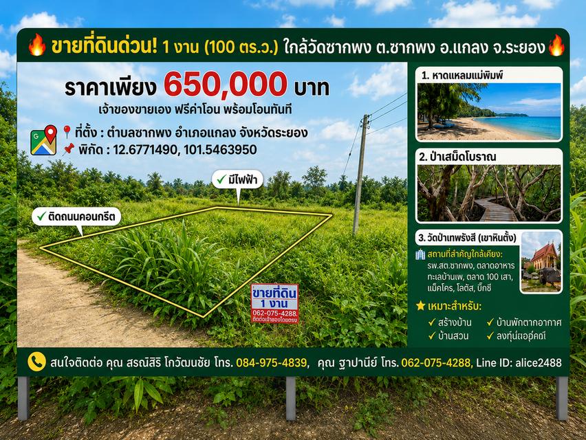 ขายที่ดิน 1 งาน ใกล้วัดซากพง ต.ซากพง อ.แกลง จ.ระยอง ราคาเพียง 650,000 บาท 2