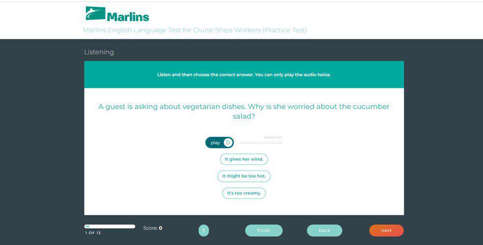 อาขีพเรือสำราญ:  Marlins Test “มาร์ลินเทส” ศูนย์ทดสอบภาษาอังกฤษเพื่องานเรือ Maru CHOT 3