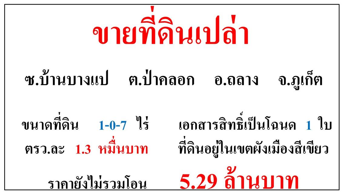 ขายที่ดินเปล่า ขนาด 1-0-7 ไร่  ซ.บ้านบางแป  ต.ป่าคลอก  อ.ถลาง  ภูเก็ต 1