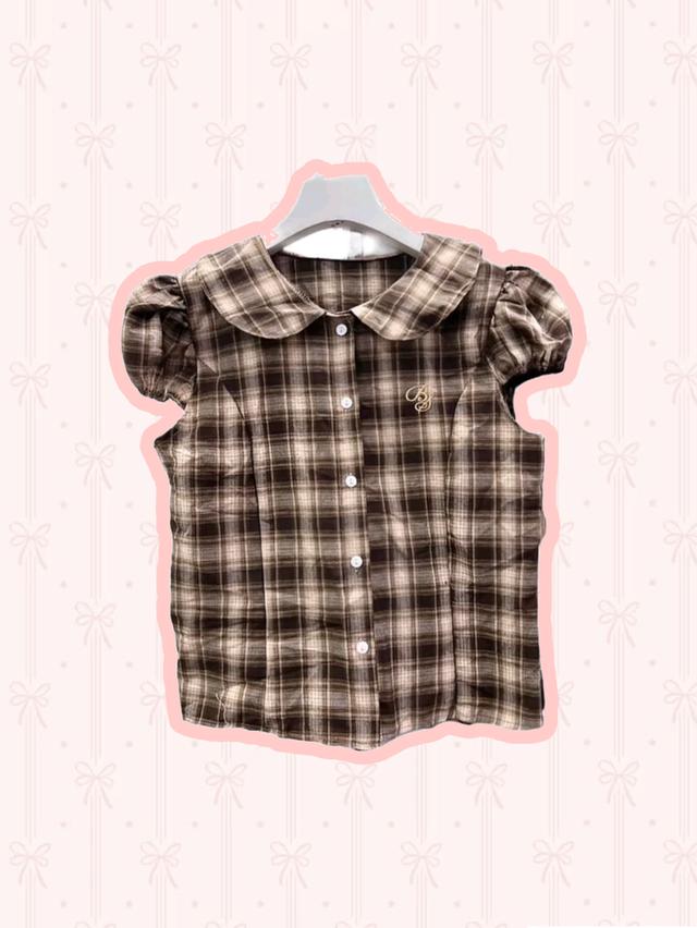 [ ♥️ ไม่เคยใส่ ] เสื้อเเขนตุ๊กตา คอบัว ลายสก็อต สีน้ำตาล 🤎