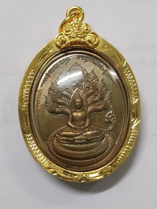 เหรียญปรกโพธิ์พญานาคหลวงปู่อิ่ม ปัญญาวุโธ วัดทุ่งนาใหม่ รุ่น นาคปรก ๙ เนื้อชนวนหลังเลียบหน้าเลเซอร์ยันต์หลังเลเซอร์ยันต์ พิเศษเลี่ยมกรอบทอง