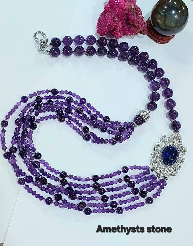 สร้อยคอ Amethysts stone 4,6,12 มิล จี้ตัวเรือนพลอยCZ sterling silver925 ยาว 30 นิ้ว รูปที่ 3