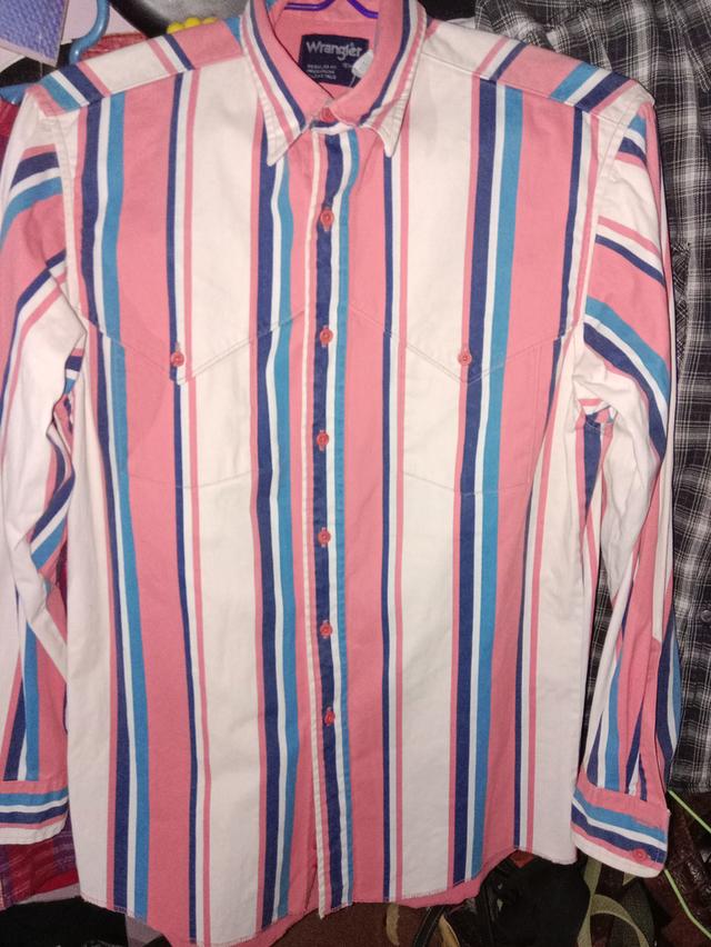 เสื้อเชิ้ตแขนยาวVINTAGE Wrangler Brushpopper Western Shirt X-Long Tail Stripe size XL 23/30