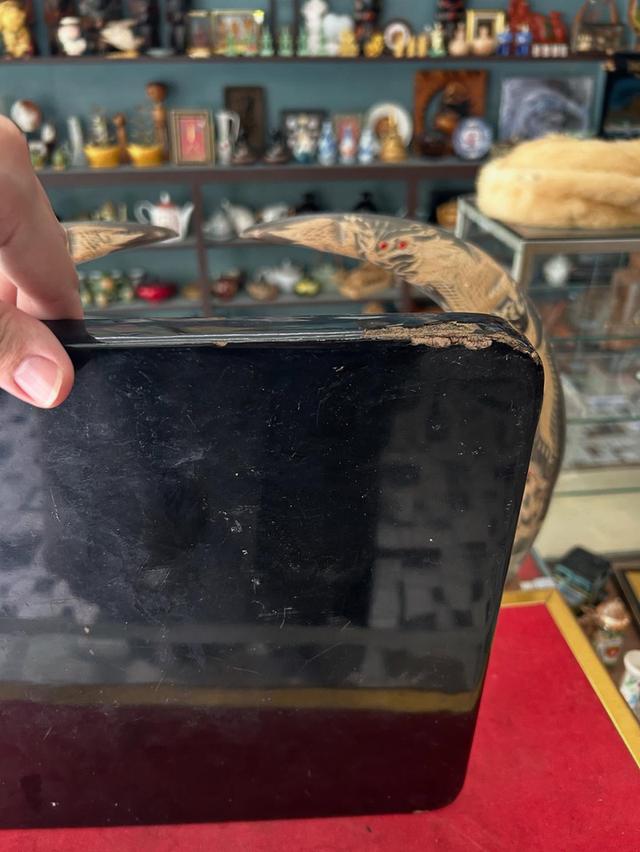 ถามไม้ถมทอง ถาดไม้เก่าสลักลายทมทองคำ 3