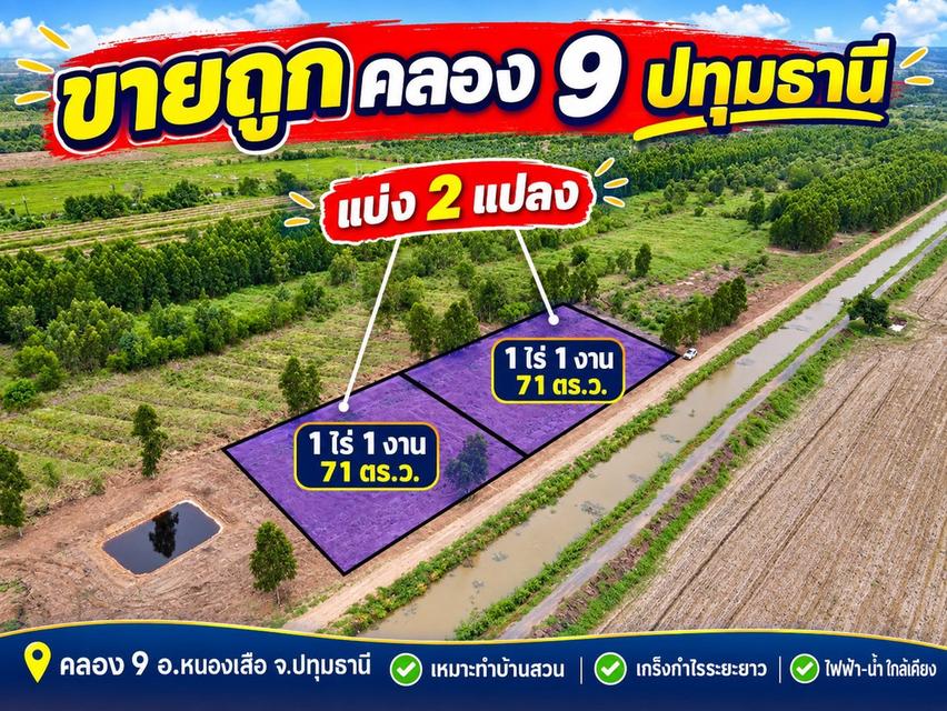 ขายถูกกว่าราคาประเมิน ที่ดินแปลงใหญ่ คลอง 9 หนองเสือ ราคาไร่ละ 790,000 บาท มีเพียง 2 แปลง 3