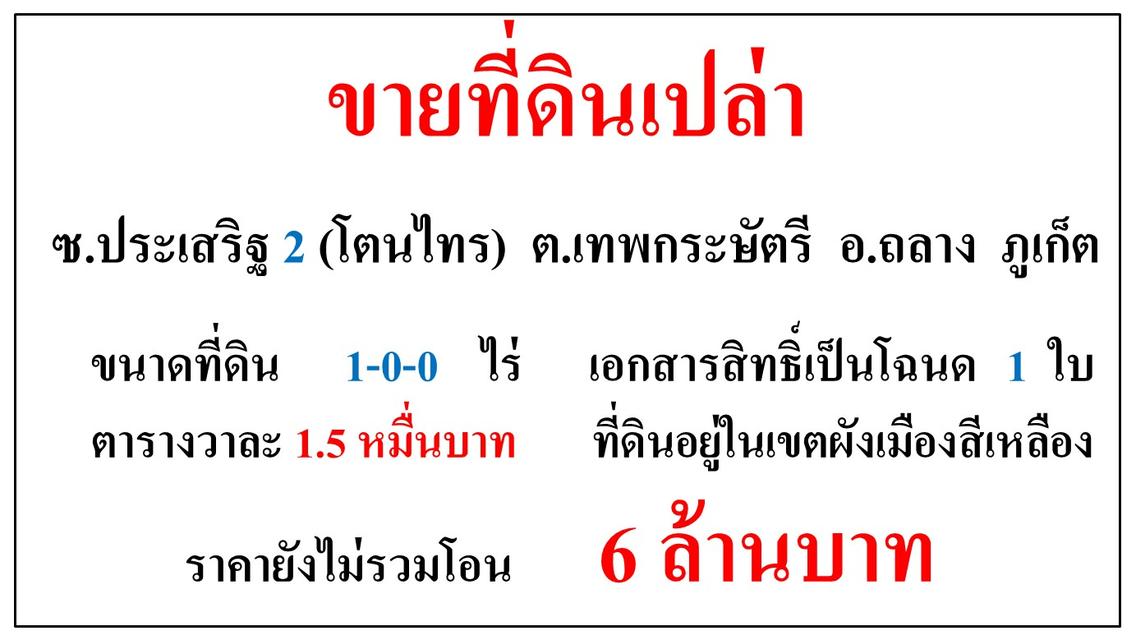 ขายที่ดินเปล่า ขนาด 1-0-0 ไร่  ซ.ประเสริฐ 2 (โตนไทร)  ต.เทพกระษัตรี  อ.ถลาง  ภูเก็ต