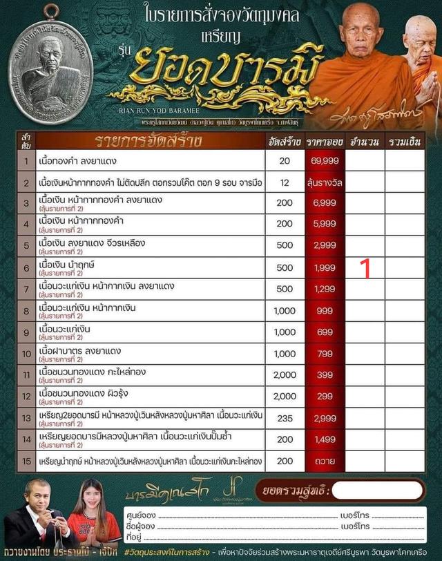 ขายใบจองเหรียญหลวงปู่เวิน รุ่นยอดบารมี รายการที่ 6 เนื้อเงิน นำฤกษ์