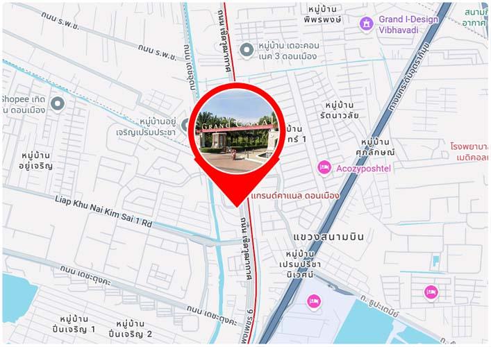 H-113 : บ้านเดี่ยวไซด์ใหญ่ 189 ตร.วา ม.แกรนด์คาแนล ดอนเมือง ถ.เชิดวุฒากาศ 7