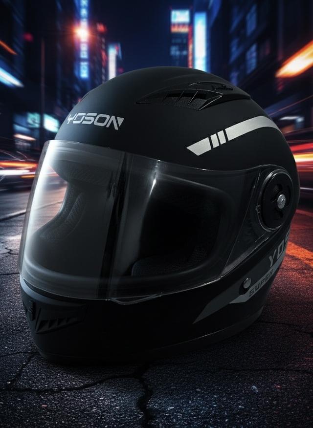 หมวกกันน็อคเต็มใบสีดำพร้อมหน้ากาก