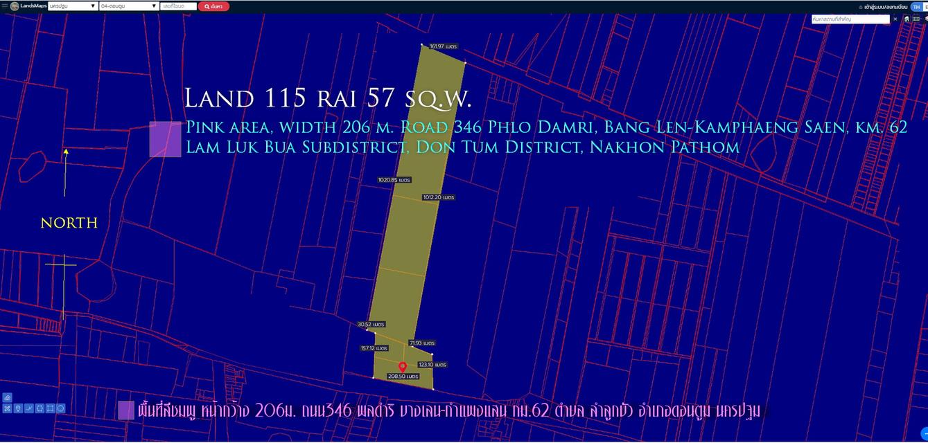 ที่ดิน115ไร่  พื้นที่สีชมพู หน้ากว้าง 206ม. ถนน346 พลดำริ บางเลน-กำแพงแสน   ตำบล ลำลูกบัว อำเภอดอนตูม นครปฐม   1