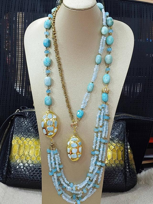 สร้อยคอเส้นคู่ Amazonite necklace stone Agateเจียร Hematite เส้นนอกยาว 30 นิ้ว รูปที่ 5
