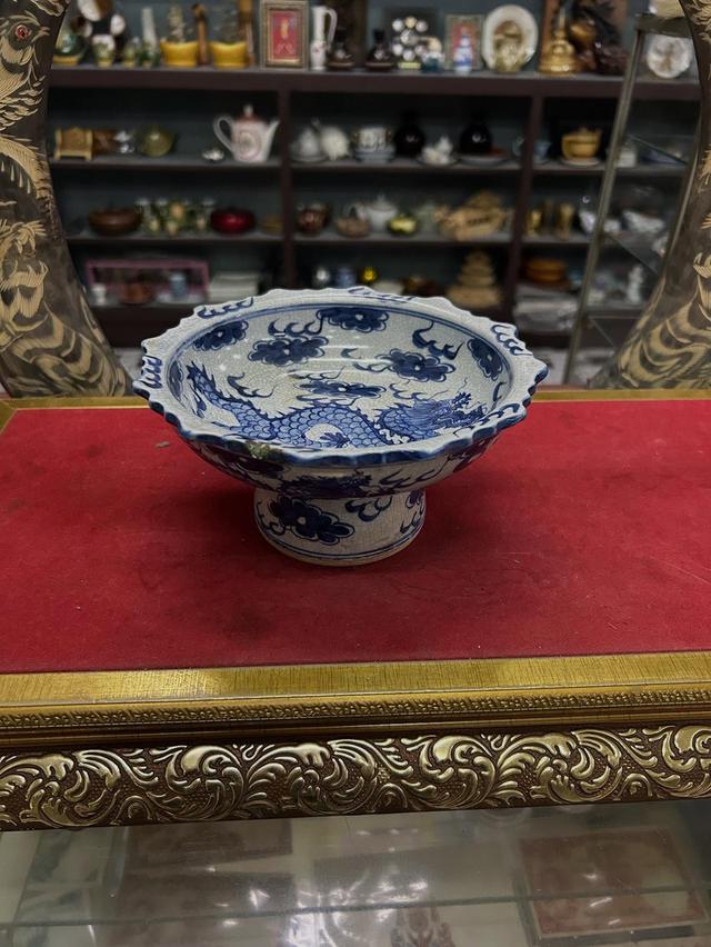 จานเชิงกระเบื้องลายคราม ลายมังกร 4