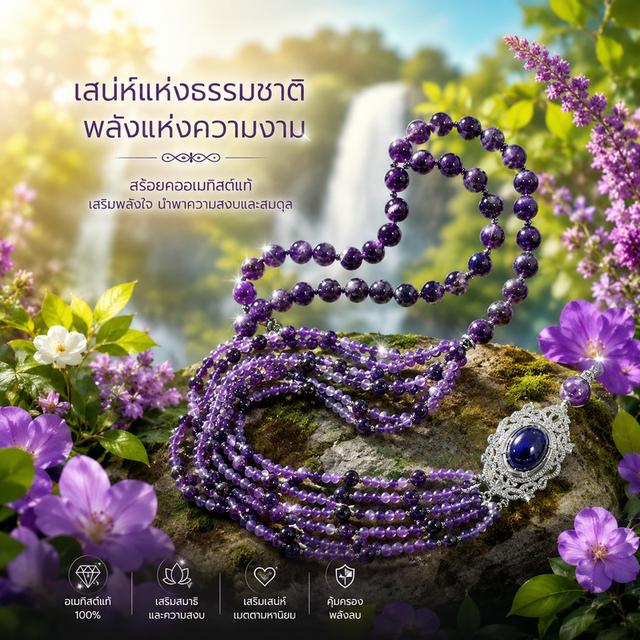 สร้อยคอ Amethysts stone 4 6 12 มิล จี้ตัวเรือนพลอยCZ sterling silver925 ยาว 30 นิ้ว