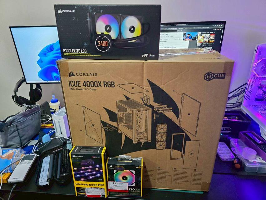 CORSAIR CASE SET เคสคอมพิวเตอร์ ชุดน้ําสองตอน พัดลมเคส สายไฟ LED ตกแต่งเคส (มือสอง มีกล่อง)