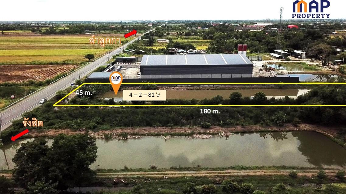 ขายที่ดินติดคลอง 10  เนื้อที่ 4-2-81 ไร่ ด้านหน้า ติดถนน 4