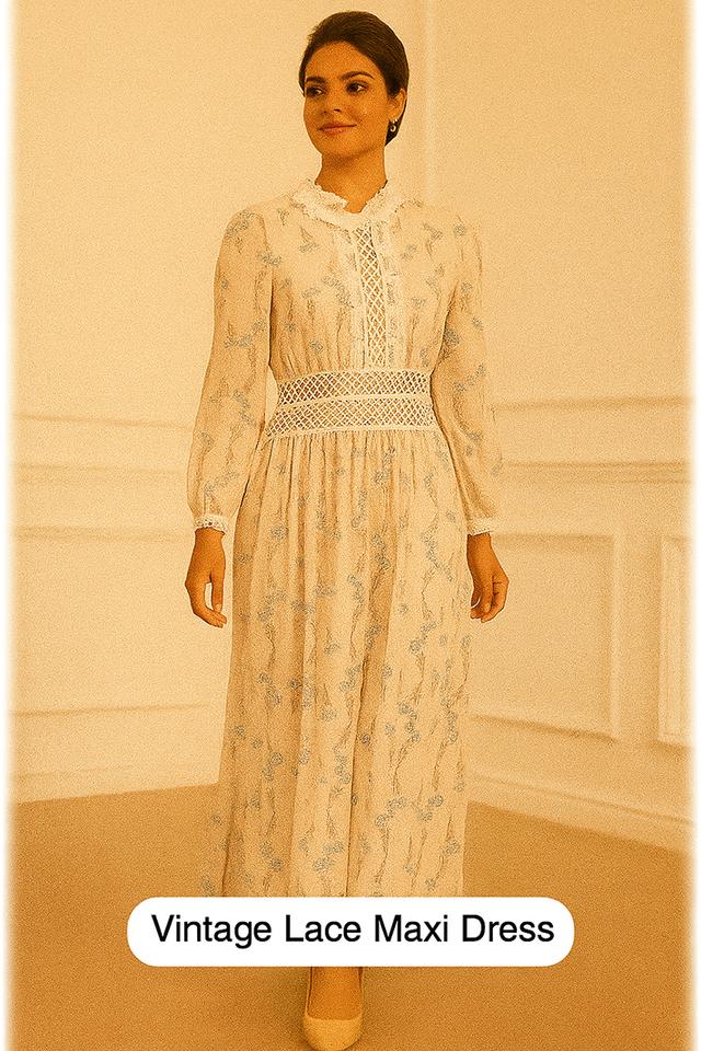 เดรสลูกไม้คอตั้งแขนยาวลายดอกไม้ หรือ Lace Yoke Floral Midi Dress with Long Sleeves @SP044