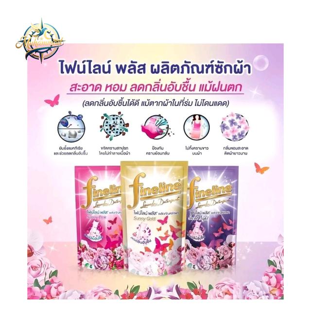 Fineline ผลิตภัณฑ์ซักผ้าถนอมผ้า พลัสซีรี่ย์ กลิ่นซันนี่ โกลด์ ถุงเติม 3 ถุง 550 มล.สีทอง สูตรลดกลิ่นอับชื้น สำหรับผ้าที่ต้องการความหอมและสะอาด รูปที่ 5