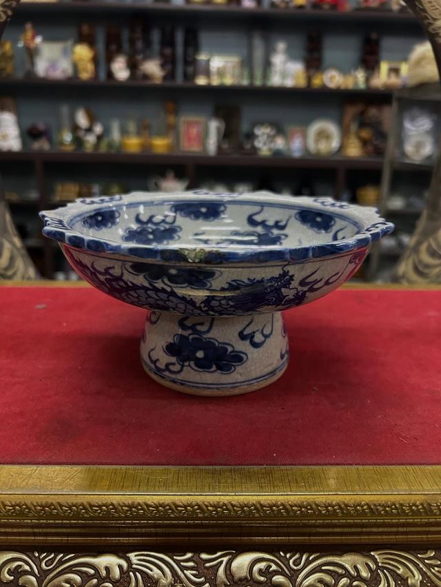 จานเชิงกระเบื้องลายคราม ลายมังกร 6