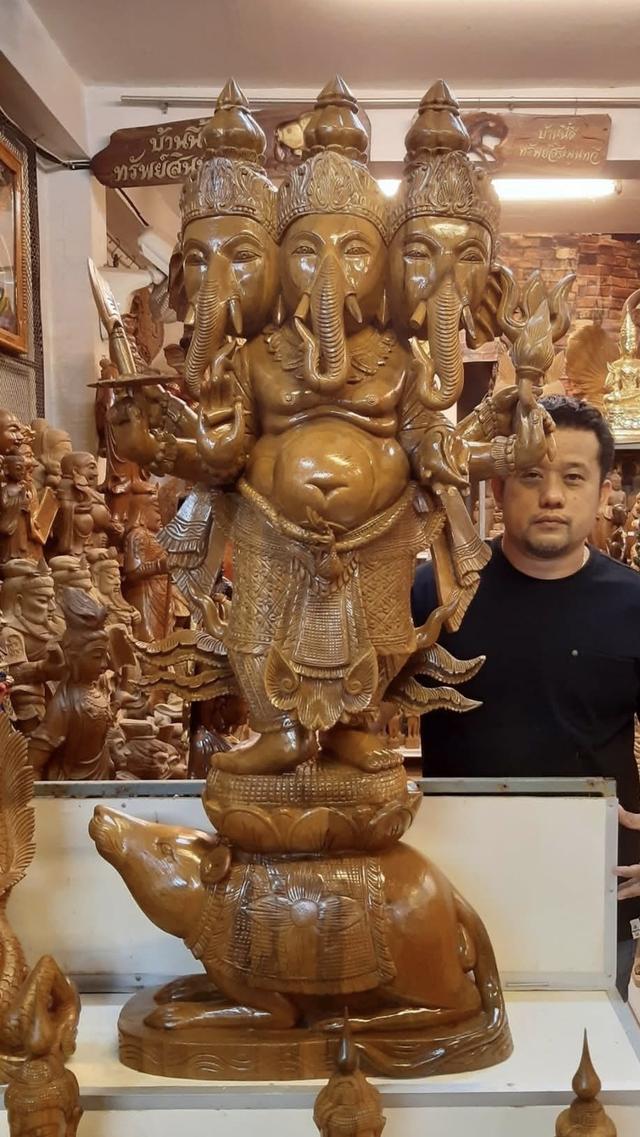 พระพิฆเนศไม้แกะ องค์ยืน ขนาดสูง130ซม ปางสามเศียร ประทานพร หกกร องค์พระพิฆเนศไม้สักทอง