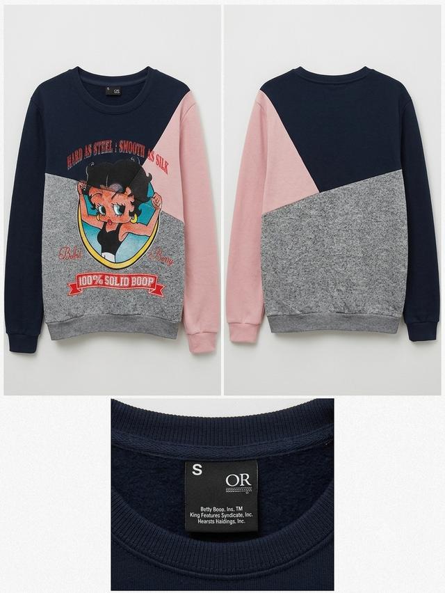 เสื้อสเวตเตอร์แขนยาวลายการ์ตูน Betty Boop (100% Solid Boop) ป้ายแบรนด์ OR ดีไซน์ต่อผ้าสามสี (ดำ/เทา/ชมพู) รูปที่ 2
